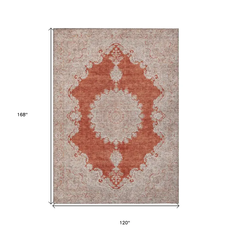 10' X 14' Rust And Beige Oriental Washable Indoor Outdoor Area Rug