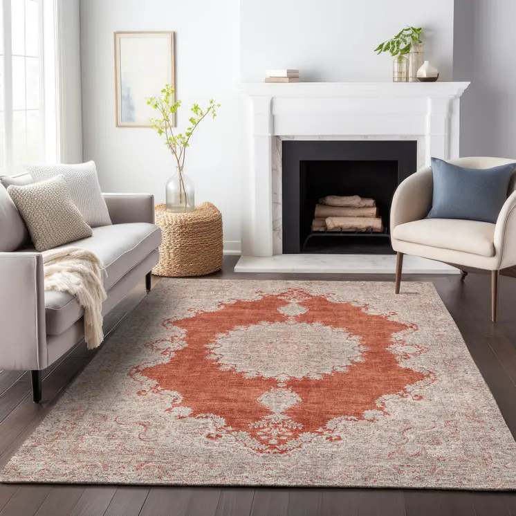 10' X 14' Rust And Beige Oriental Washable Indoor Outdoor Area Rug