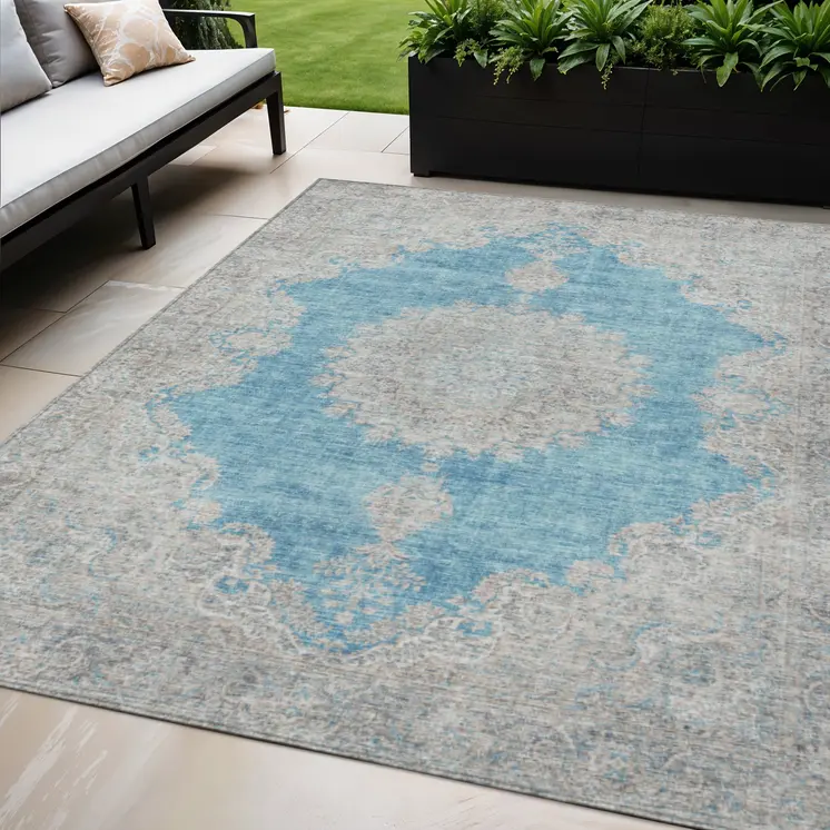 5' X 8' Teal Blue And Gray Oriental Washable Indoor Outdoor Area Rug
