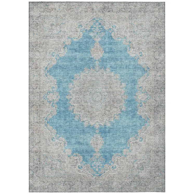 5' X 8' Teal Blue And Gray Oriental Washable Indoor Outdoor Area Rug