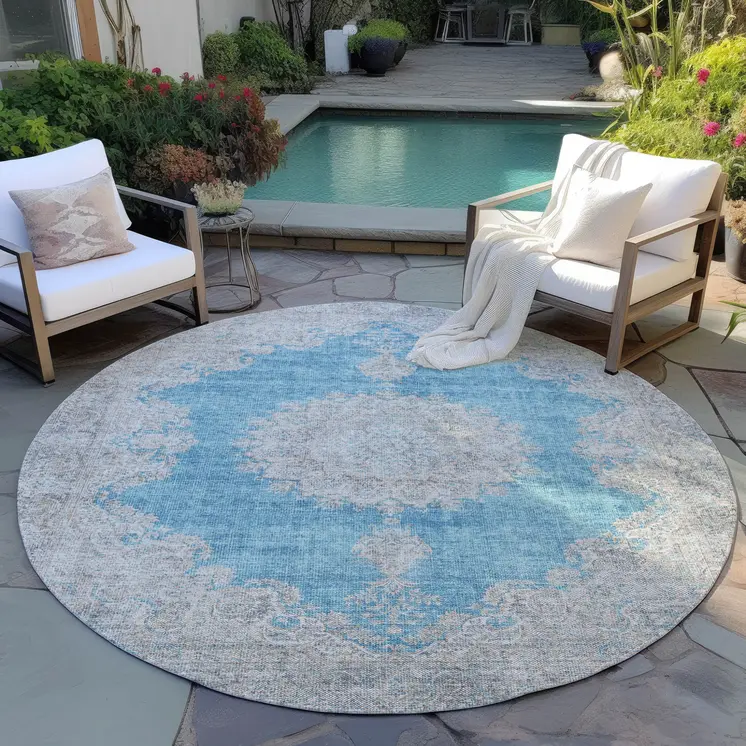 8' Teal Blue And Gray Round Oriental Washable Indoor Outdoor Area Rug