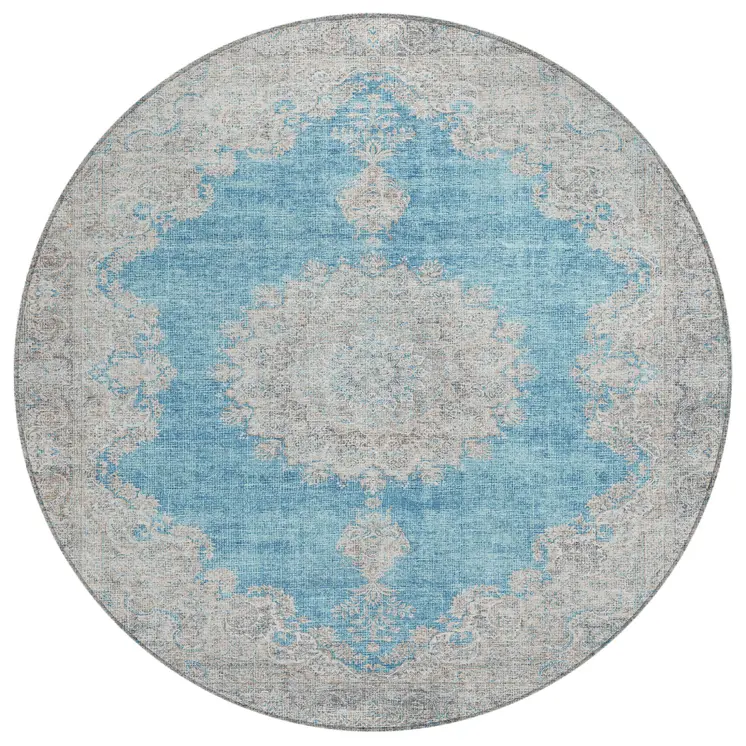8' Teal Blue And Gray Round Oriental Washable Indoor Outdoor Area Rug