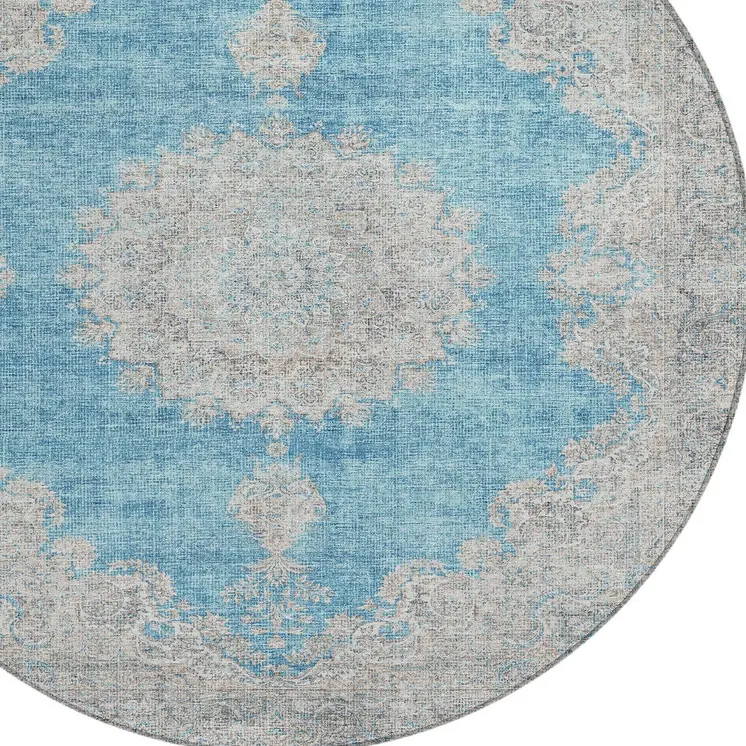 8' Teal Blue And Gray Round Oriental Washable Indoor Outdoor Area Rug