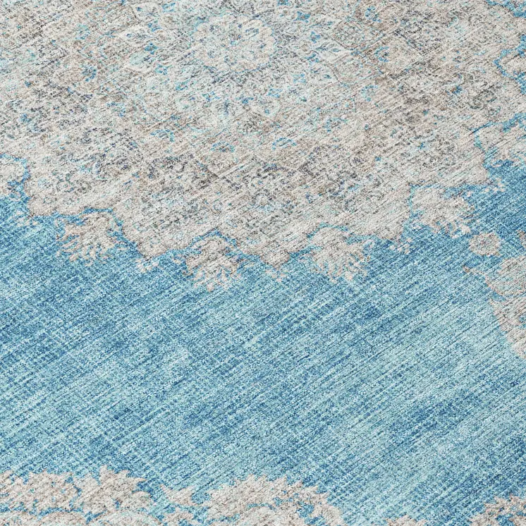 8' Teal Blue And Gray Round Oriental Washable Indoor Outdoor Area Rug