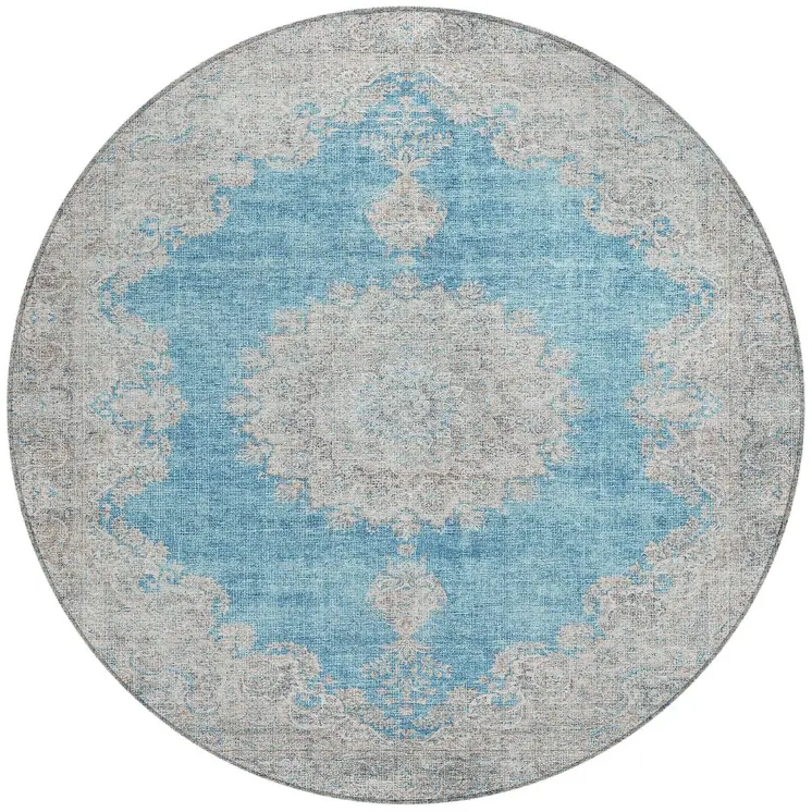8' Teal Blue And Gray Round Oriental Washable Indoor Outdoor Area Rug