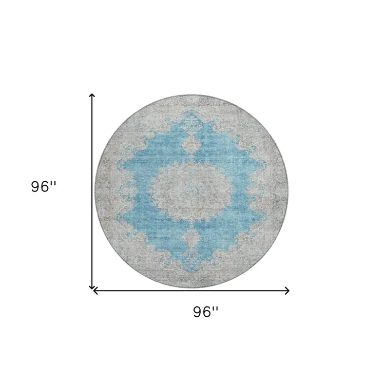 8' Teal Blue And Gray Round Oriental Washable Indoor Outdoor Area Rug