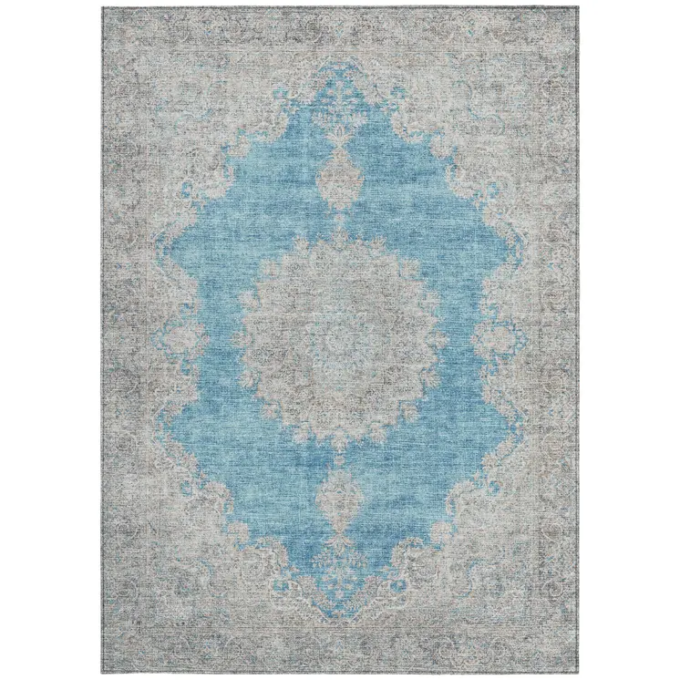 8' X 10' Teal Blue And Gray Oriental Washable Indoor Outdoor Area Rug