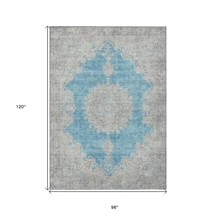 8' X 10' Teal Blue And Gray Oriental Washable Indoor Outdoor Area Rug