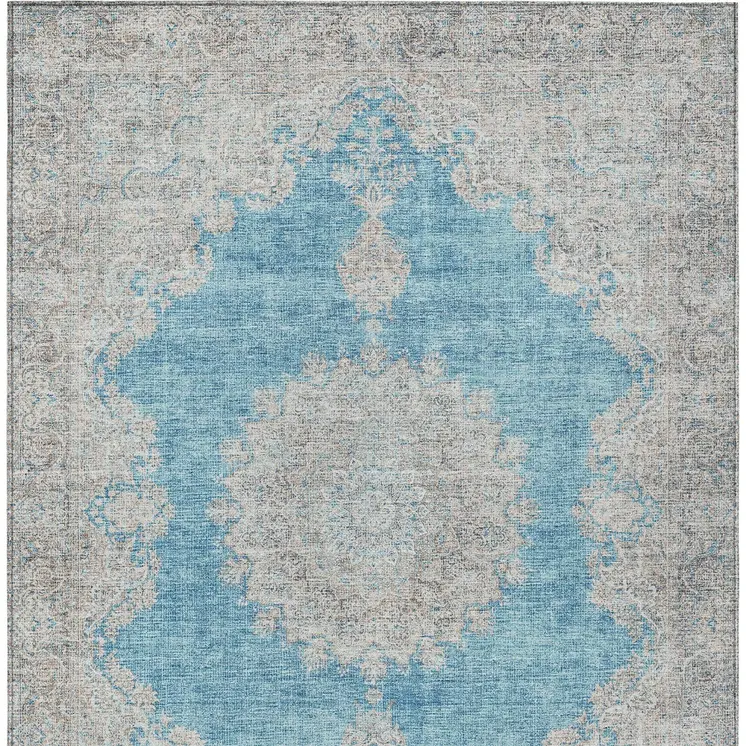 9' X 12' Teal Blue And Gray Oriental Washable Indoor Outdoor Area Rug