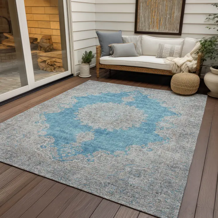 9' X 12' Teal Blue And Gray Oriental Washable Indoor Outdoor Area Rug
