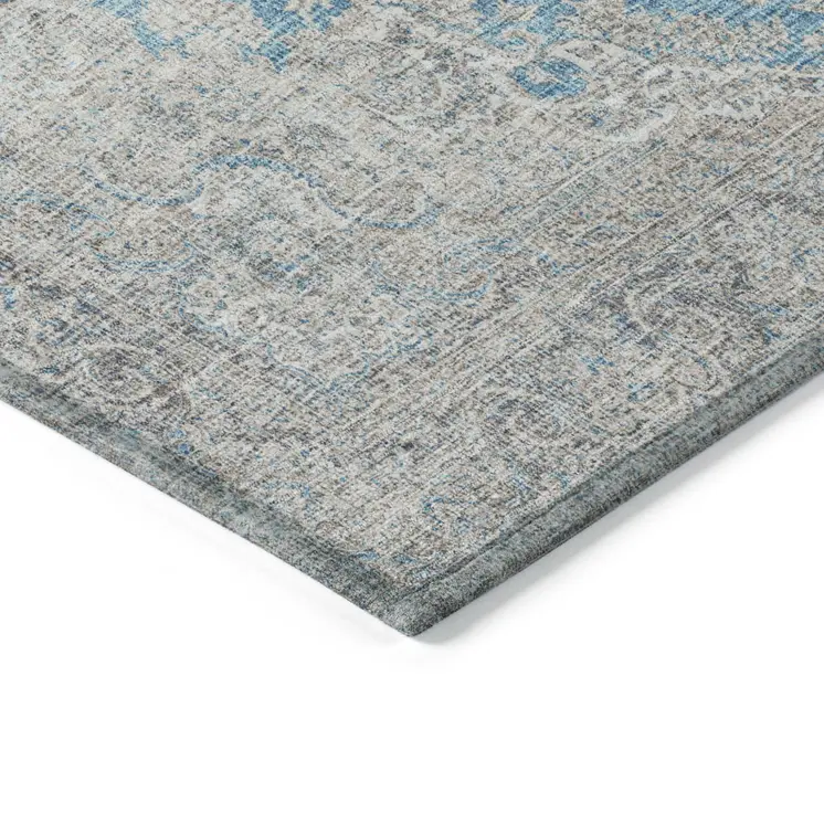 9' X 12' Teal Blue And Gray Oriental Washable Indoor Outdoor Area Rug
