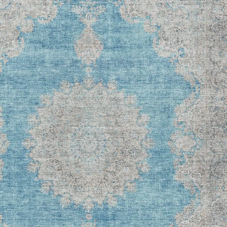 9' X 12' Teal Blue And Gray Oriental Washable Indoor Outdoor Area Rug