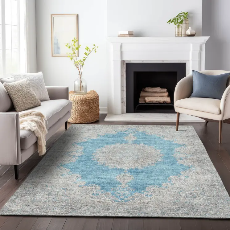 9' X 12' Teal Blue And Gray Oriental Washable Indoor Outdoor Area Rug