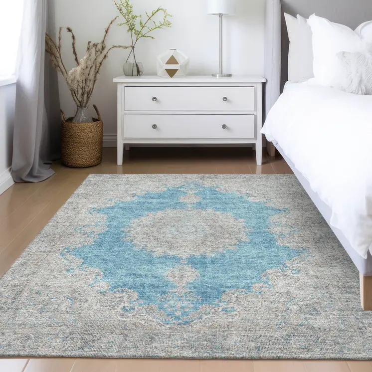9' X 12' Teal Blue And Gray Oriental Washable Indoor Outdoor Area Rug