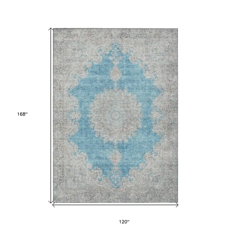 10' X 14' Teal Blue And Gray Oriental Washable Indoor Outdoor Area Rug