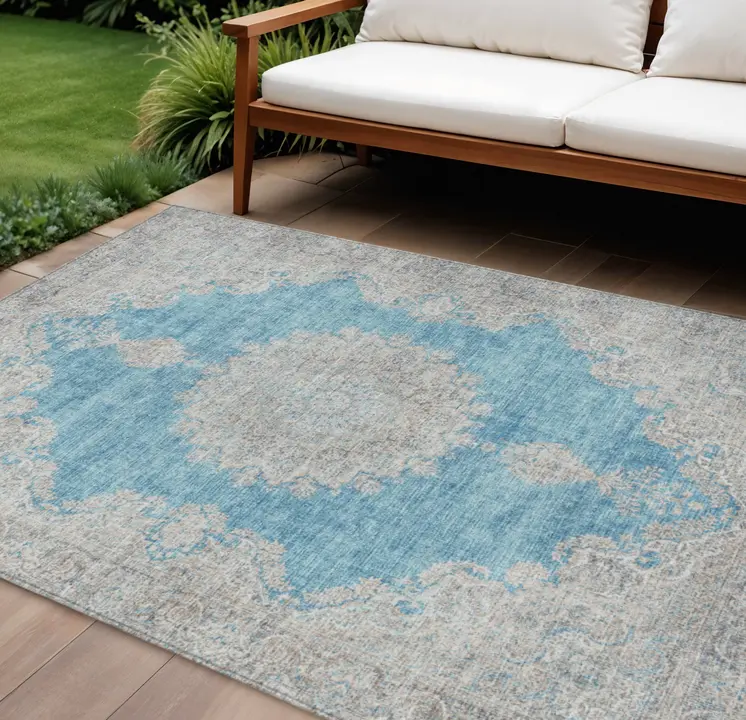 10' X 14' Teal Blue And Gray Oriental Washable Indoor Outdoor Area Rug