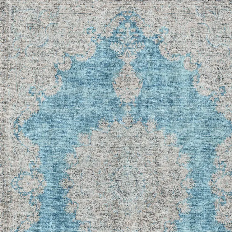 10' X 14' Teal Blue And Gray Oriental Washable Indoor Outdoor Area Rug