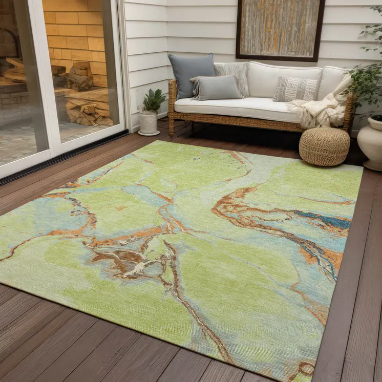 3' X 5' Artichoke Green Blue And Brown Abstract Washable Indoor Outdoor Area Rug