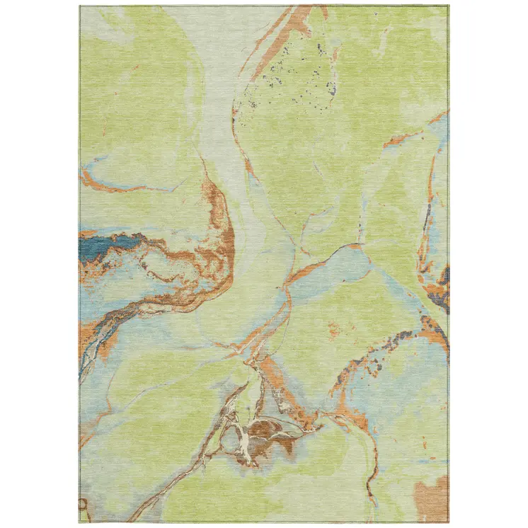 3' X 5' Artichoke Green Blue And Brown Abstract Washable Indoor Outdoor Area Rug