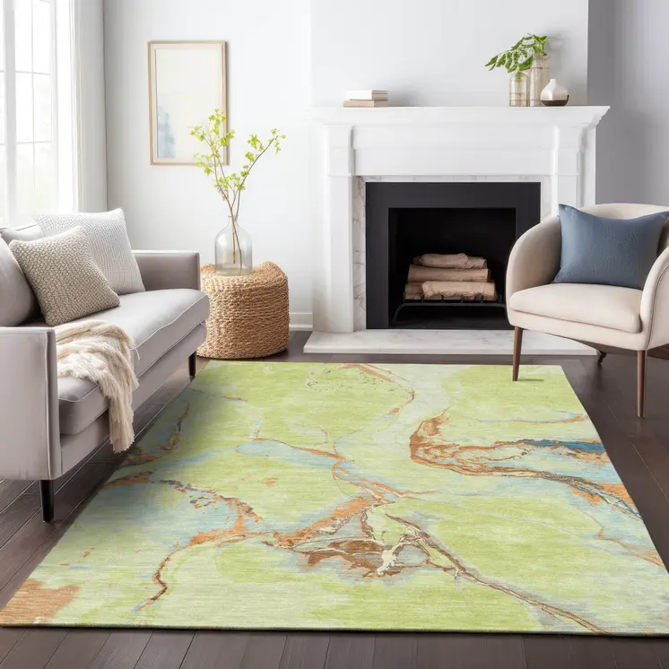3' X 5' Artichoke Green Blue And Brown Abstract Washable Indoor Outdoor Area Rug