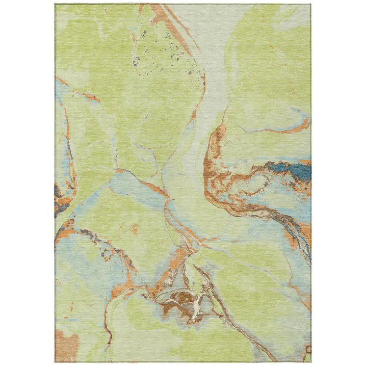 5' X 8' Artichoke Green Blue And Brown Abstract Washable Indoor Outdoor Area Rug