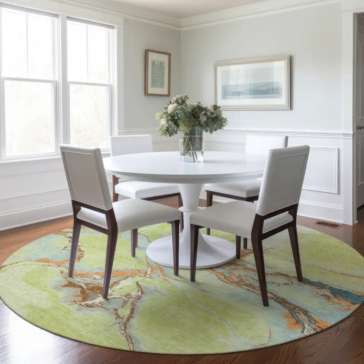 8' Artichoke Green Blue And Brown Round Abstract Washable Indoor Outdoor Area Rug