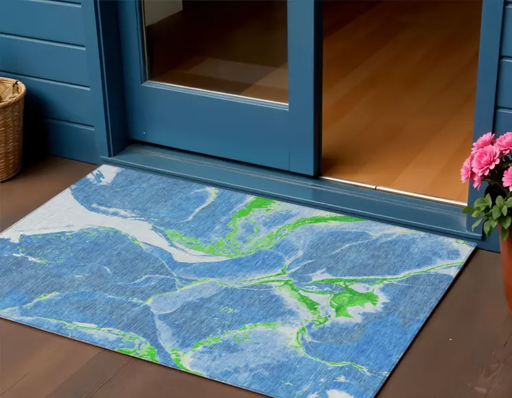 3' X 5' Denim Blue Neon Green And Ivory Abstract Washable Indoor Outdoor Area Rug