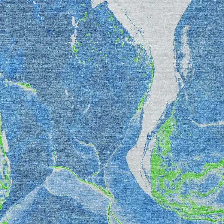 3' X 5' Denim Blue Neon Green And Ivory Abstract Washable Indoor Outdoor Area Rug