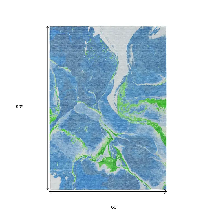 5' X 8' Denim Blue Neon Green And Ivory Abstract Washable Indoor Outdoor Area Rug