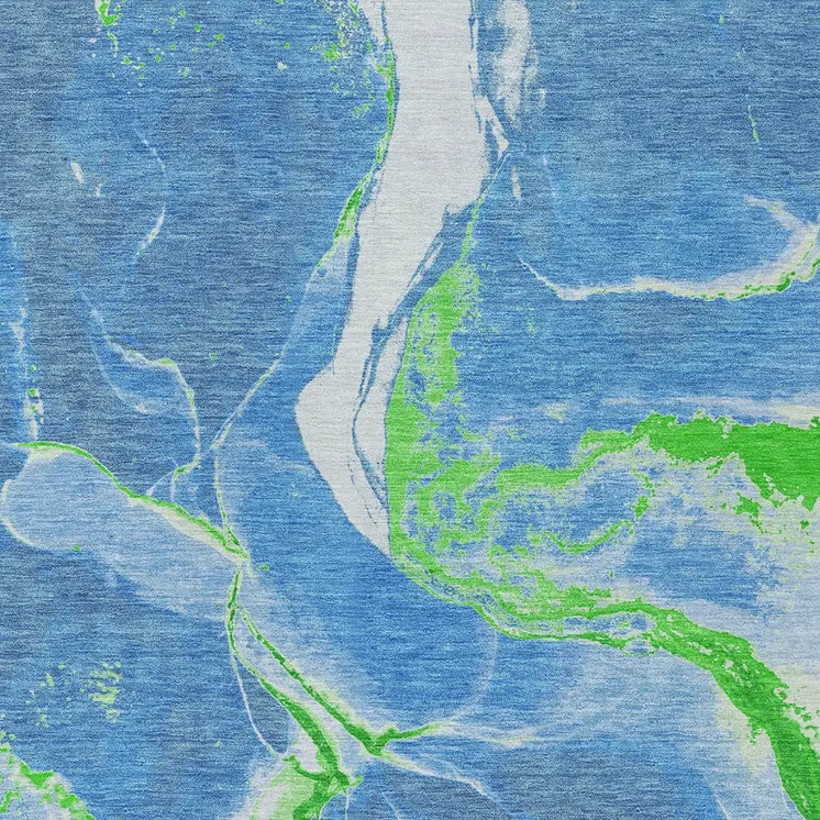 5' X 8' Denim Blue Neon Green And Ivory Abstract Washable Indoor Outdoor Area Rug