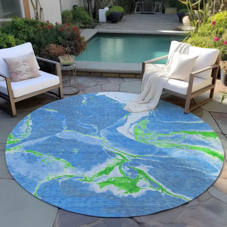 8' Denim Blue Neon Green And Ivory Round Abstract Washable Indoor Outdoor Area Rug