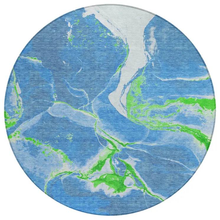 8' Denim Blue Neon Green And Ivory Round Abstract Washable Indoor Outdoor Area Rug