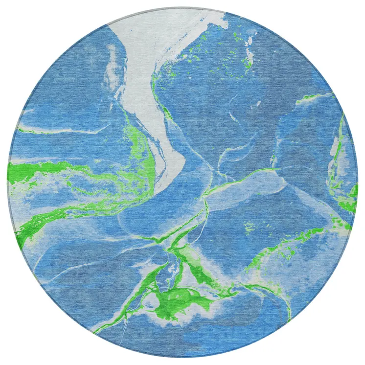8' Denim Blue Neon Green And Ivory Round Abstract Washable Indoor Outdoor Area Rug