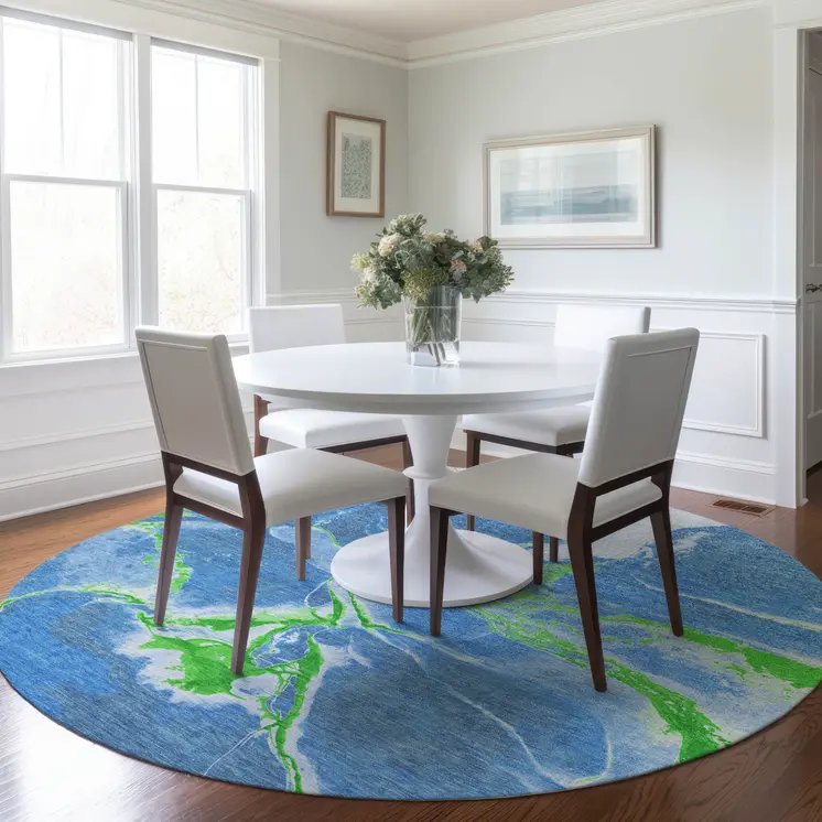 8' Denim Blue Neon Green And Ivory Round Abstract Washable Indoor Outdoor Area Rug