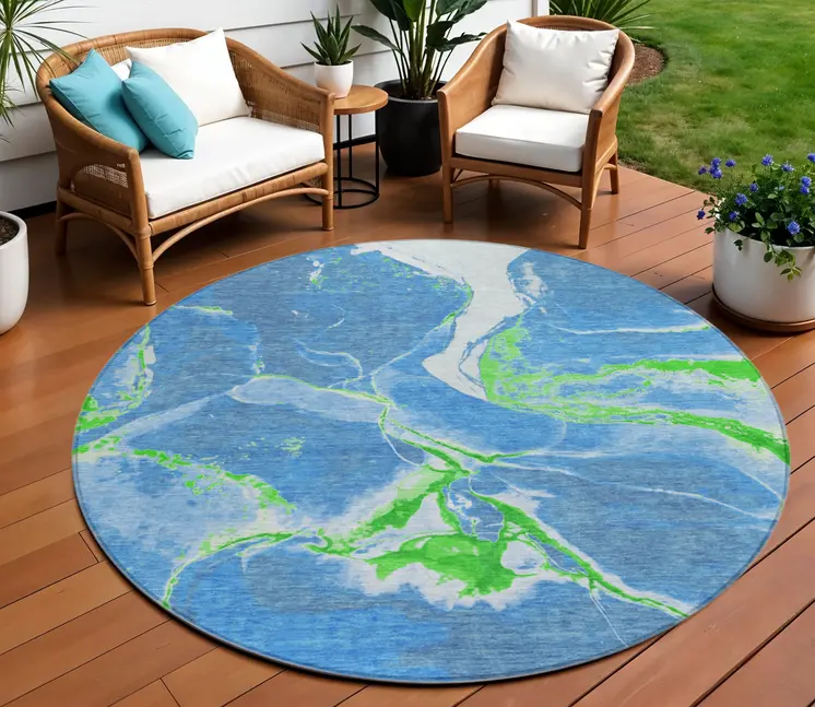 8' Denim Blue Neon Green And Ivory Round Abstract Washable Indoor Outdoor Area Rug