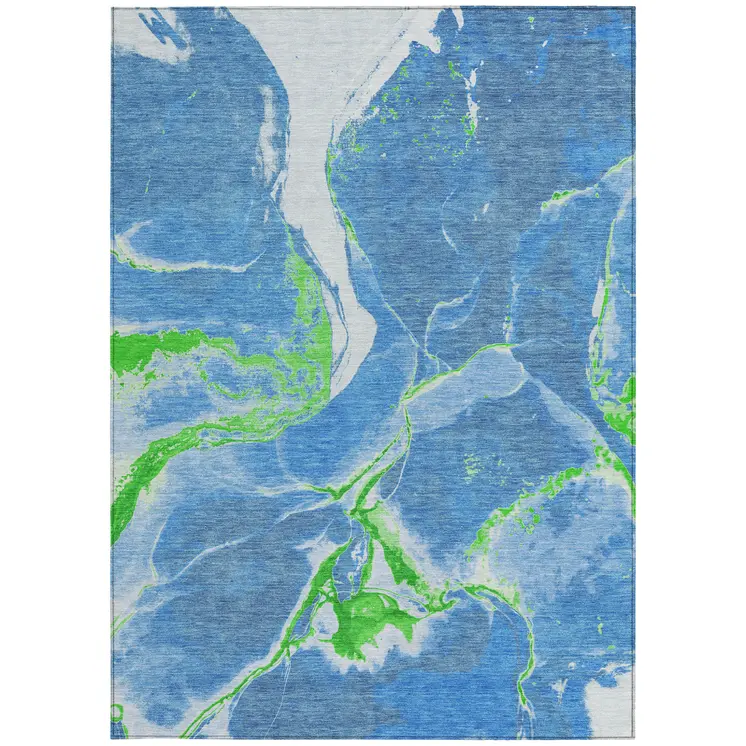 8' X 10' Denim Blue Neon Green And Ivory Abstract Washable Indoor Outdoor Area Rug