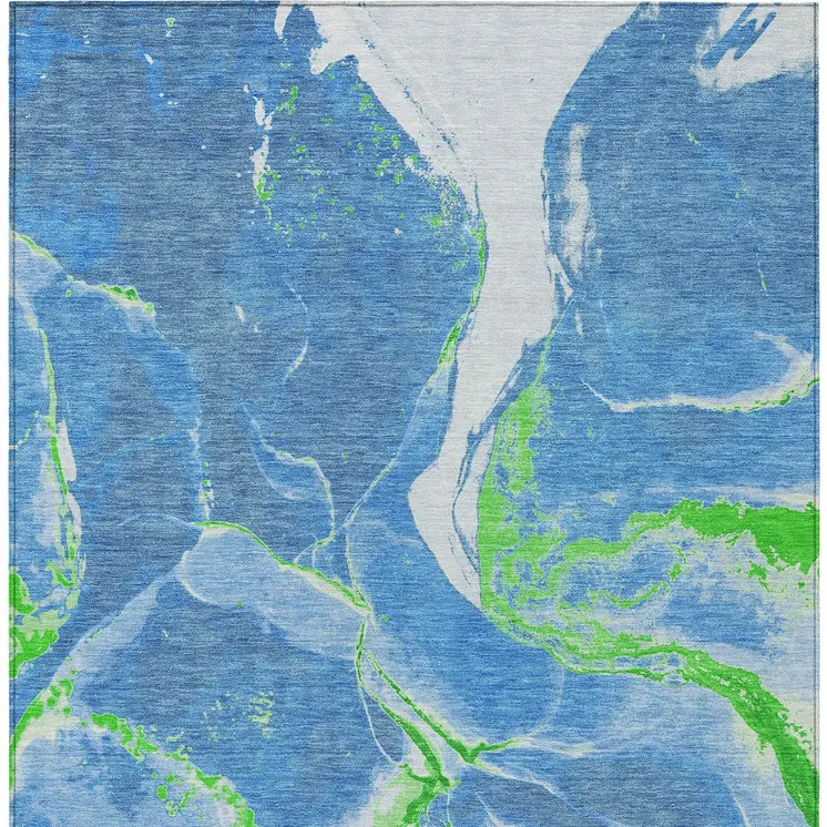9' X 12' Denim Blue Neon Green And Ivory Abstract Washable Indoor Outdoor Area Rug