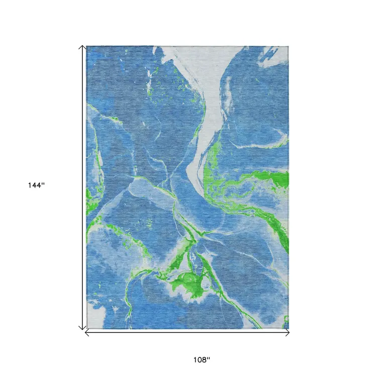 9' X 12' Denim Blue Neon Green And Ivory Abstract Washable Indoor Outdoor Area Rug