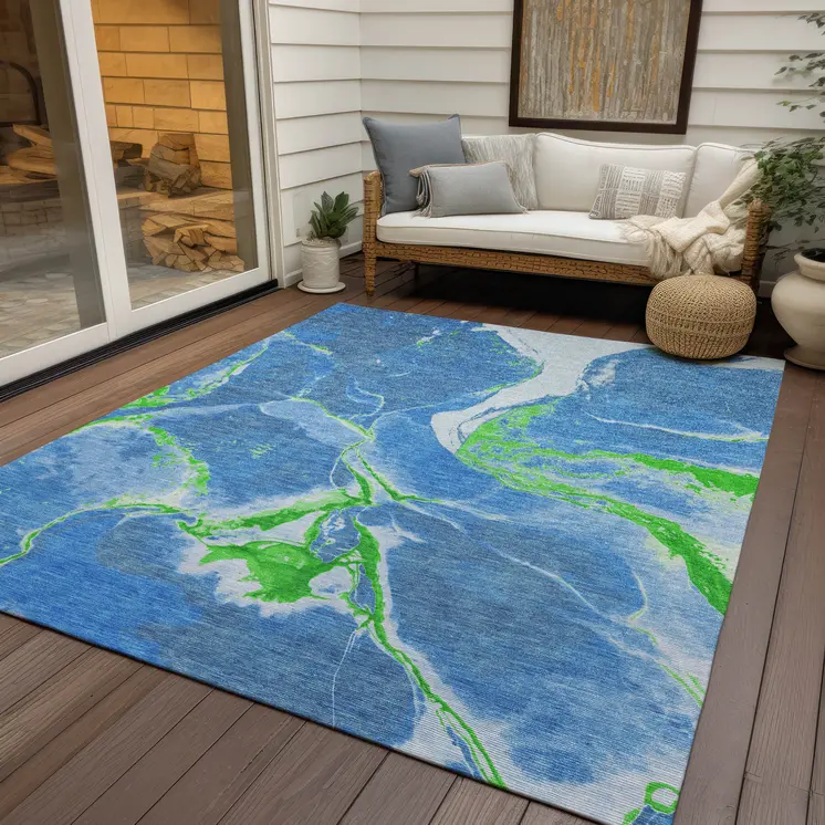 9' X 12' Denim Blue Neon Green And Ivory Abstract Washable Indoor Outdoor Area Rug