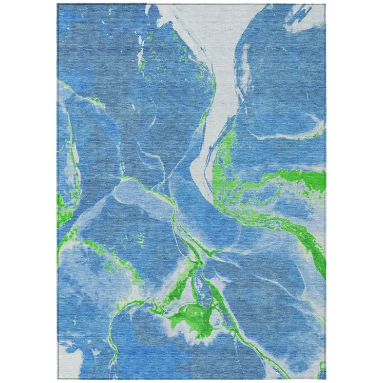 9' X 12' Denim Blue Neon Green And Ivory Abstract Washable Indoor Outdoor Area Rug