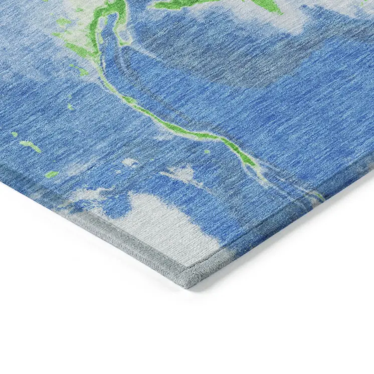 9' X 12' Denim Blue Neon Green And Ivory Abstract Washable Indoor Outdoor Area Rug