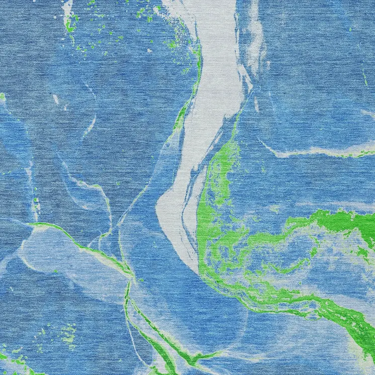 9' X 12' Denim Blue Neon Green And Ivory Abstract Washable Indoor Outdoor Area Rug
