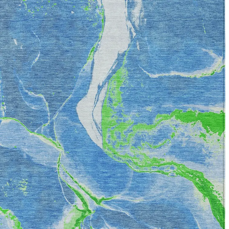 10' X 14' Denim Blue Neon Green And Ivory Abstract Washable Indoor Outdoor Area Rug