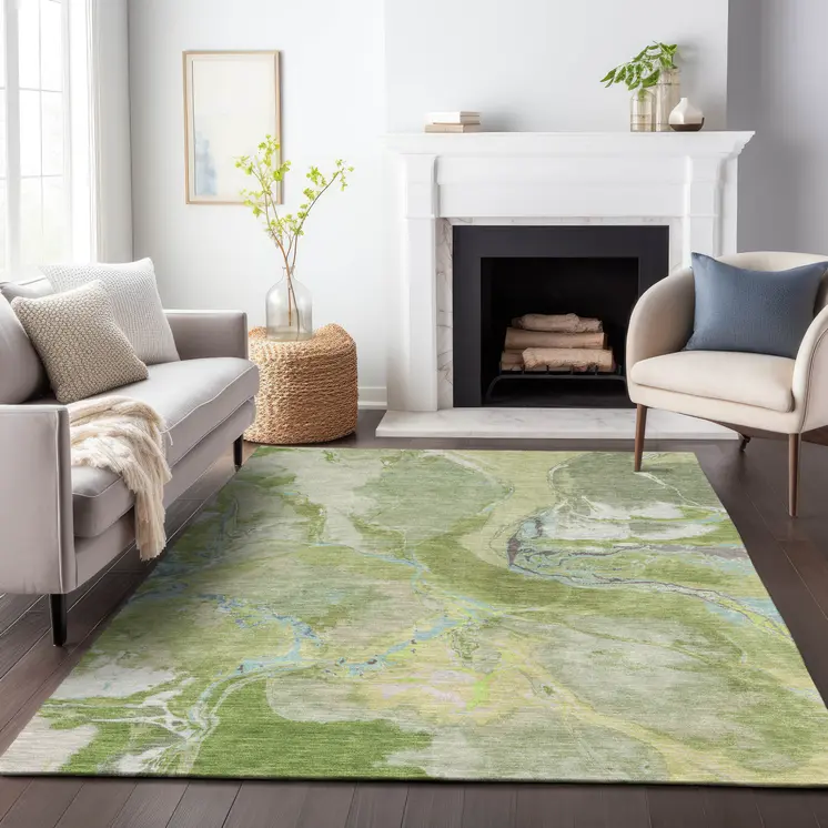 5' X 8' Green Blue And Gray Abstract Washable Indoor Outdoor Area Rug