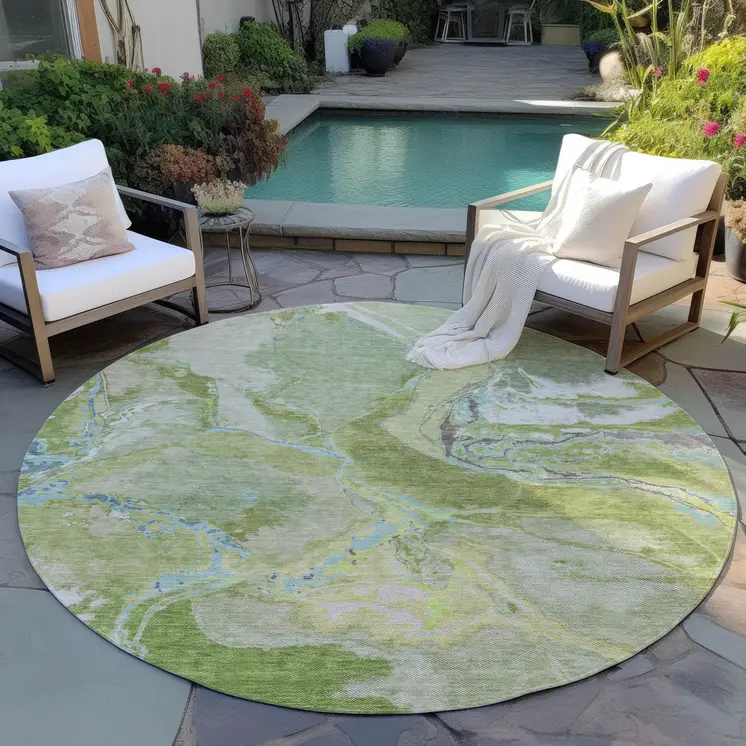 8' Green Blue And Gray Round Abstract Washable Indoor Outdoor Area Rug