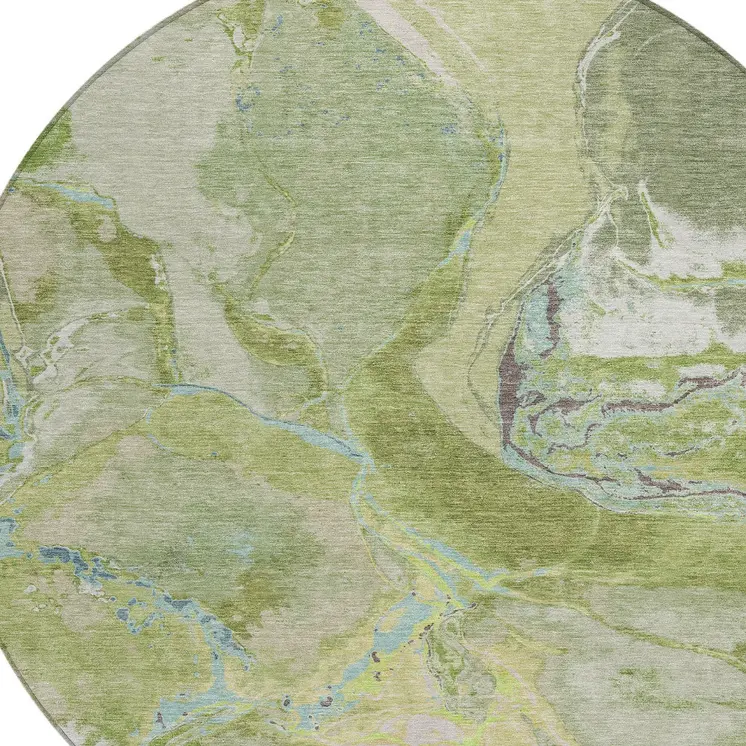 8' Green Blue And Gray Round Abstract Washable Indoor Outdoor Area Rug