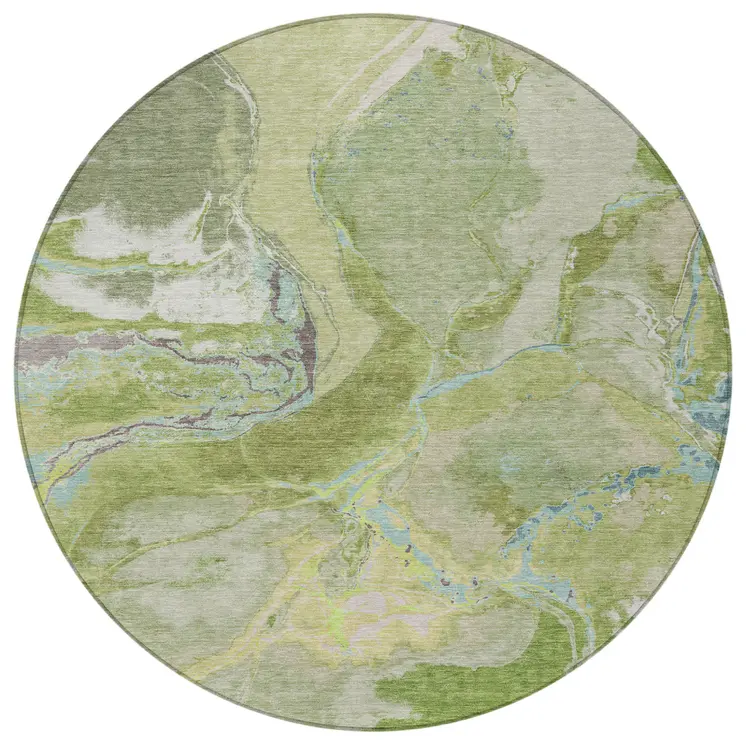 8' Green Blue And Gray Round Abstract Washable Indoor Outdoor Area Rug