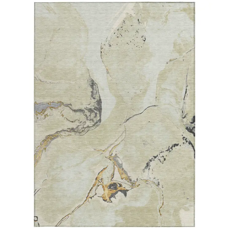 5' X 8' Ivory Gray And Gold Abstract Washable Indoor Outdoor Area Rug