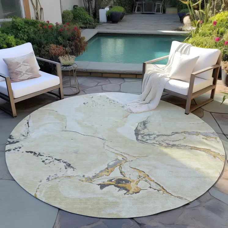 8' Ivory Gray And Gold Round Abstract Washable Indoor Outdoor Area Rug