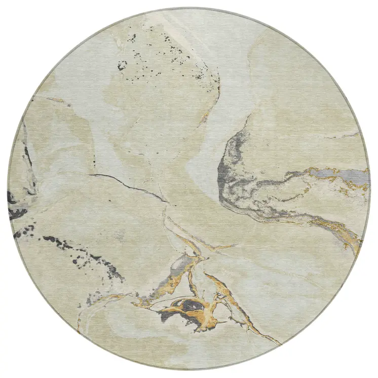 8' Ivory Gray And Gold Round Abstract Washable Indoor Outdoor Area Rug